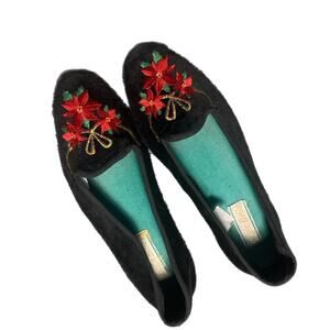 1980s black suede loafers with embroidered pointsetta
